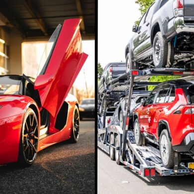 Split image showing luxury car transport services - left side features a red Lamborghini with scissor doors open in an upscale garage setting, right side shows a red SUV loaded on a multi-level car carrier trailer