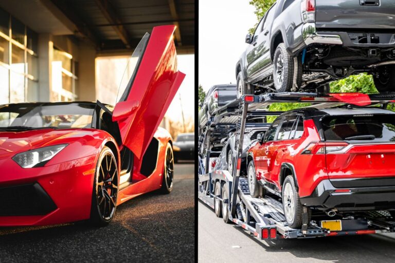 Split image showing luxury car transport services - left side features a red Lamborghini with scissor doors open in an upscale garage setting, right side shows a red SUV loaded on a multi-level car carrier trailer