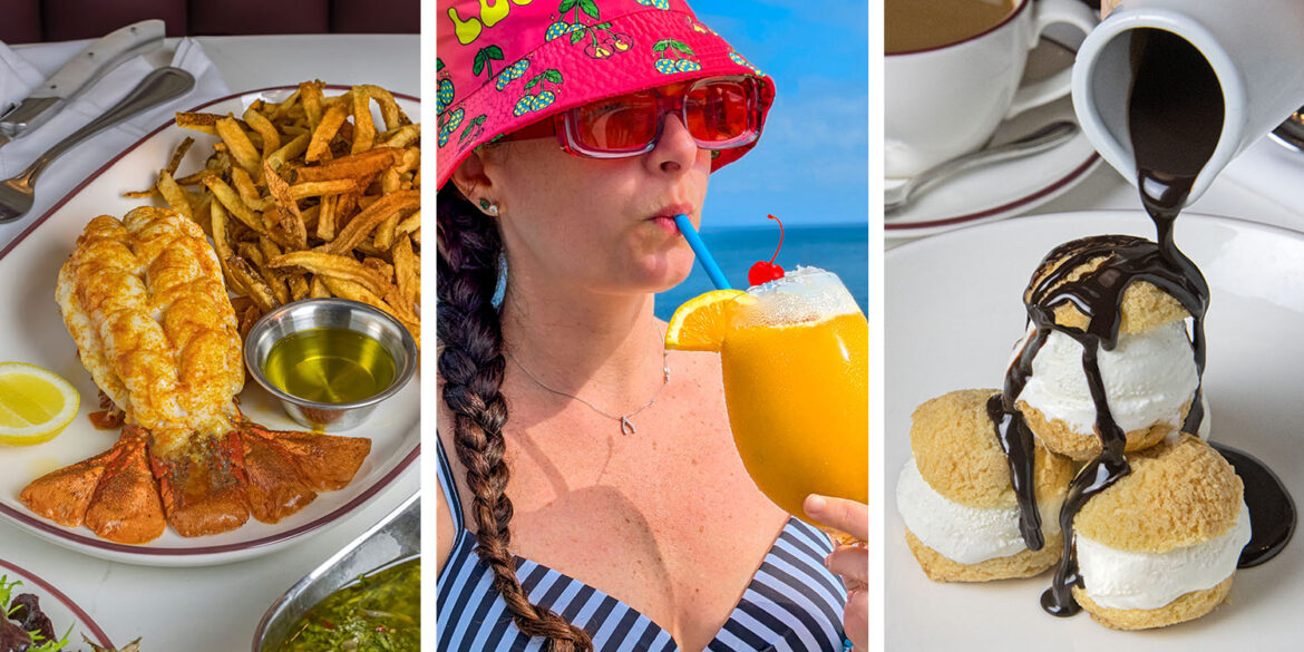 A vibrant collage of three summer scenes: On the left, a plate with a broiled lobster tail, golden hand-cut fries, a wedge of lemon, and drawn butter is served on a classic red-trimmed plate, accompanied by fresh salad and chimichurri sauce on a white-clothed table. In the center, a person in a striped swimsuit and a bright red bucket hat embroidered with "Lucky" holds a frosty orange cocktail garnished with a cherry against a backdrop of bright blue sky and ocean. On the right, a hand pours rich chocolate sauce from a white pitcher onto a trio of ice cream-filled profiteroles stacked on a plate with a cup of hot coffee in the background.
