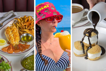 A vibrant collage of three summer scenes: On the left, a plate with a broiled lobster tail, golden hand-cut fries, a wedge of lemon, and drawn butter is served on a classic red-trimmed plate, accompanied by fresh salad and chimichurri sauce on a white-clothed table. In the center, a person in a striped swimsuit and a bright red bucket hat embroidered with "Lucky" holds a frosty orange cocktail garnished with a cherry against a backdrop of bright blue sky and ocean. On the right, a hand pours rich chocolate sauce from a white pitcher onto a trio of ice cream-filled profiteroles stacked on a plate with a cup of hot coffee in the background.