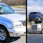My SUV being shipped by SGT Auto Transport from Delaware to California. Split panel image of my car and their trailer loaded with cars.