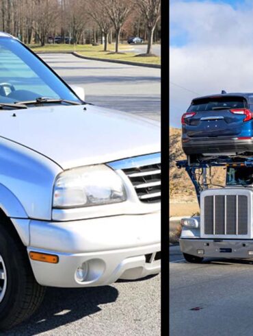 My SUV being shipped by SGT Auto Transport from Delaware to California. Split panel image of my car and their trailer loaded with cars.