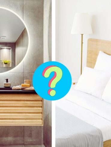 a hotel room bathroom and guest room with a question mark