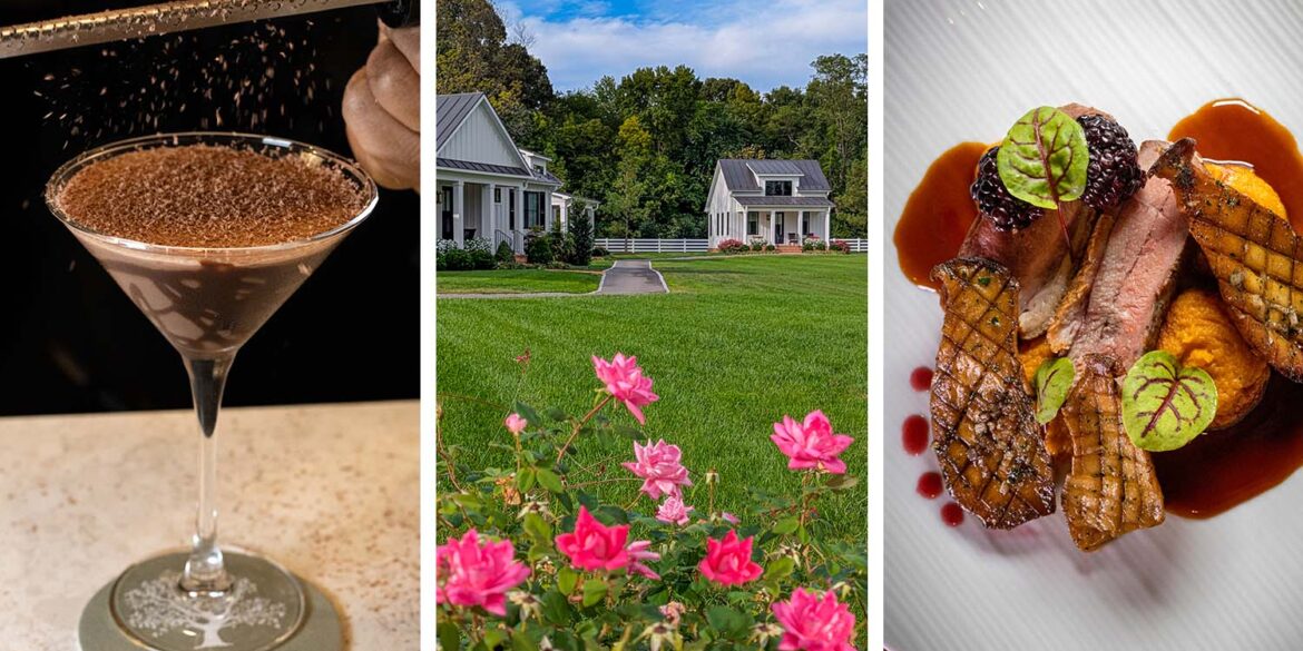Three-panel image showcasing: left - hands grating fresh chocolate over an elegant martini glass with "1902" coaster; center - waterfront cottage view with manicured lawn and pink roses in foreground; right - artfully plated duck breast with sweet potato puree, pickled blackberries, and rich port wine sauce on white ceramic plate.