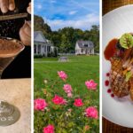 Three-panel image showcasing: left - hands grating fresh chocolate over an elegant martini glass with "1902" coaster; center - waterfront cottage view with manicured lawn and pink roses in foreground; right - artfully plated duck breast with sweet potato puree, pickled blackberries, and rich port wine sauce on white ceramic plate.