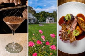 Three-panel image showcasing: left - hands grating fresh chocolate over an elegant martini glass with "1902" coaster; center - waterfront cottage view with manicured lawn and pink roses in foreground; right - artfully plated duck breast with sweet potato puree, pickled blackberries, and rich port wine sauce on white ceramic plate.