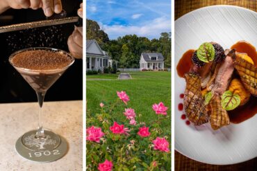 Three-panel image showcasing: left - hands grating fresh chocolate over an elegant martini glass with "1902" coaster; center - waterfront cottage view with manicured lawn and pink roses in foreground; right - artfully plated duck breast with sweet potato puree, pickled blackberries, and rich port wine sauce on white ceramic plate.