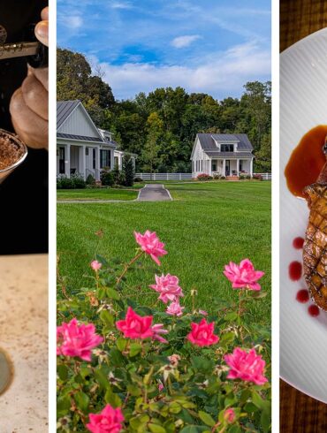 Three-panel image showcasing: left - hands grating fresh chocolate over an elegant martini glass with "1902" coaster; center - waterfront cottage view with manicured lawn and pink roses in foreground; right - artfully plated duck breast with sweet potato puree, pickled blackberries, and rich port wine sauce on white ceramic plate.