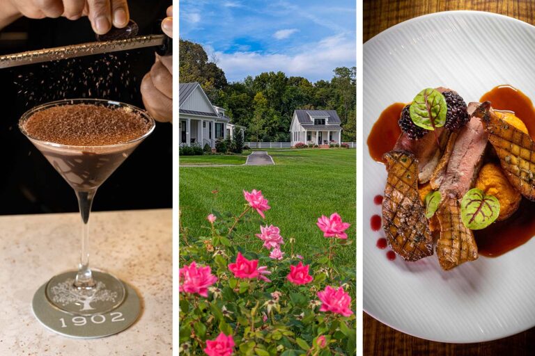 Three-panel image showcasing: left - hands grating fresh chocolate over an elegant martini glass with "1902" coaster; center - waterfront cottage view with manicured lawn and pink roses in foreground; right - artfully plated duck breast with sweet potato puree, pickled blackberries, and rich port wine sauce on white ceramic plate.
