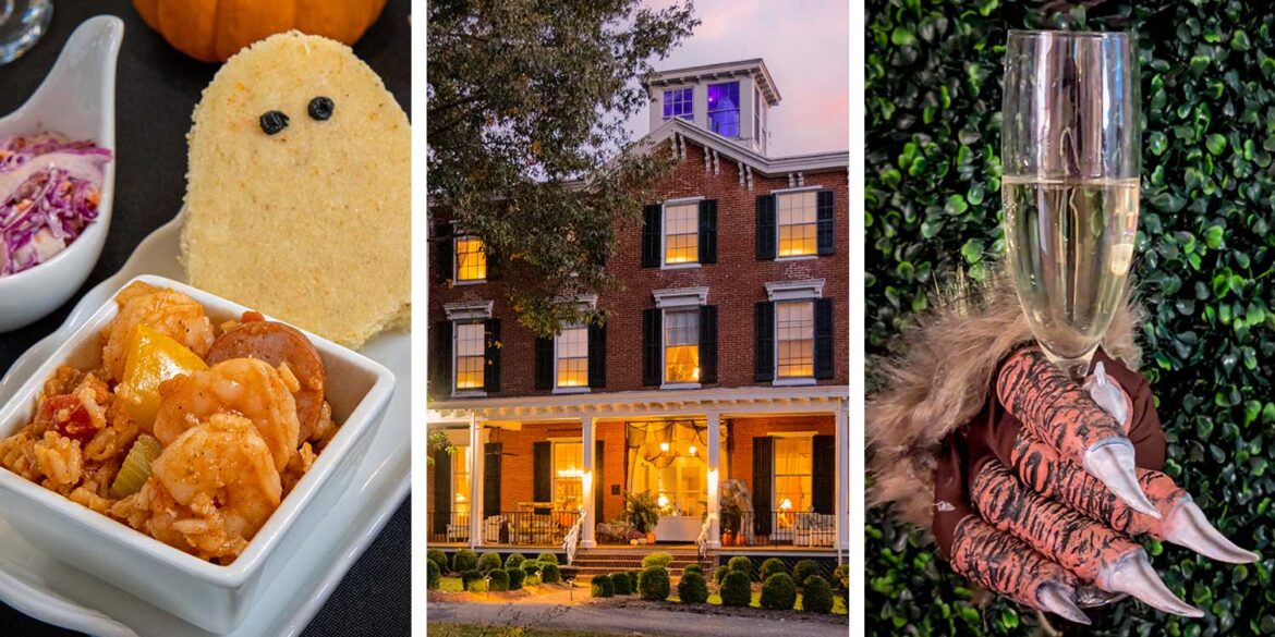 Three-panel image showing Halloween-themed jambalaya with ghost-shaped cornbread and googly eyes, Brampton 1860's historic brick manor house illuminated at dusk with white porch columns, and a furry monster glove holding a champagne flute against ivy backdrop