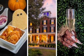 Three-panel image showing Halloween-themed jambalaya with ghost-shaped cornbread and googly eyes, Brampton 1860's historic brick manor house illuminated at dusk with white porch columns, and a furry monster glove holding a champagne flute against ivy backdrop