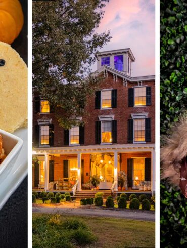 Three-panel image showing Halloween-themed jambalaya with ghost-shaped cornbread and googly eyes, Brampton 1860's historic brick manor house illuminated at dusk with white porch columns, and a furry monster glove holding a champagne flute against ivy backdrop