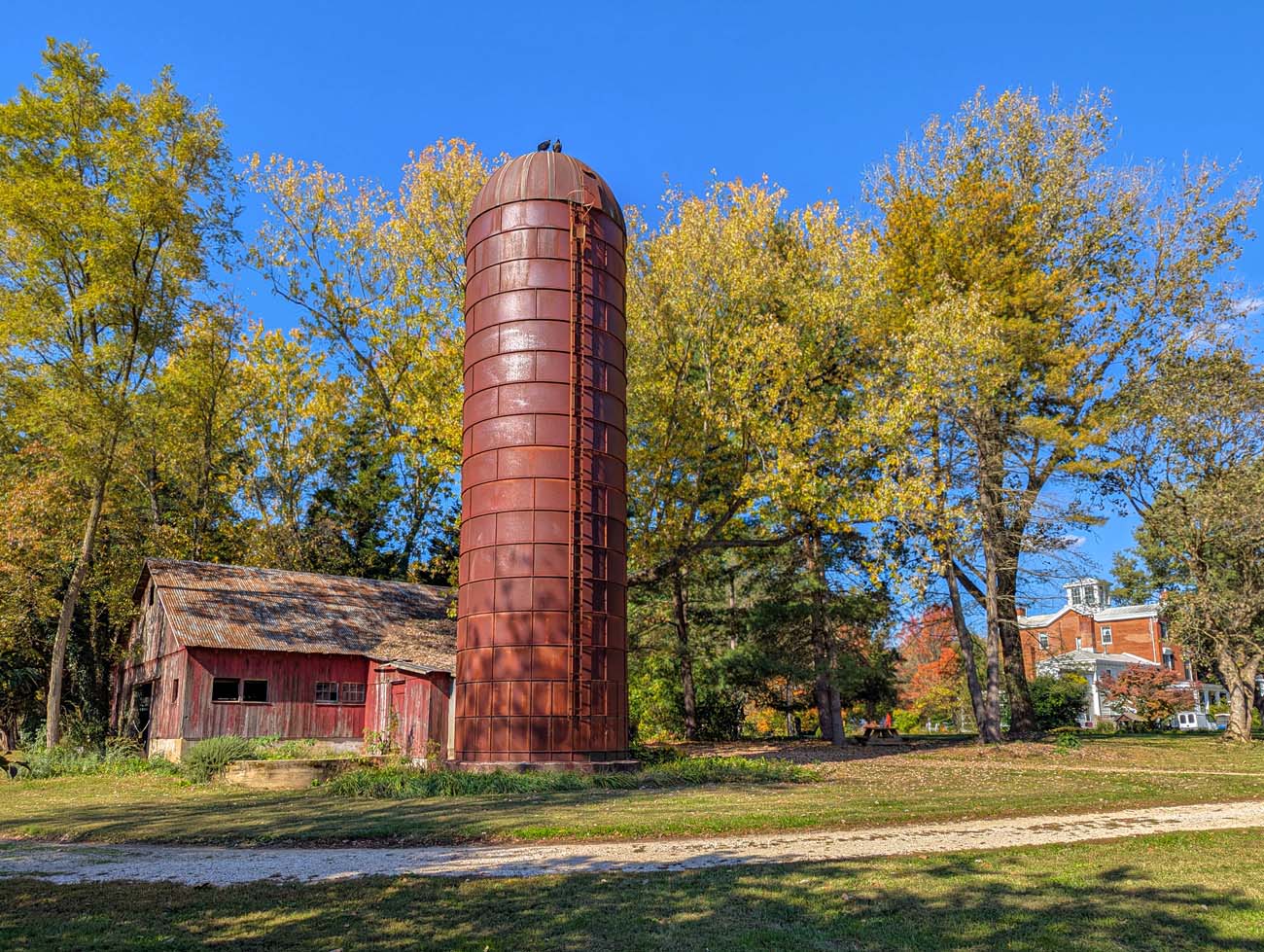 Food, Wine, and Fall Fun at Brampton 1860 - Chestertown, MD 44 Rustic red barn and tall brick silo on Brampton property with fall trees in background, showing the estate's agricultural heritage