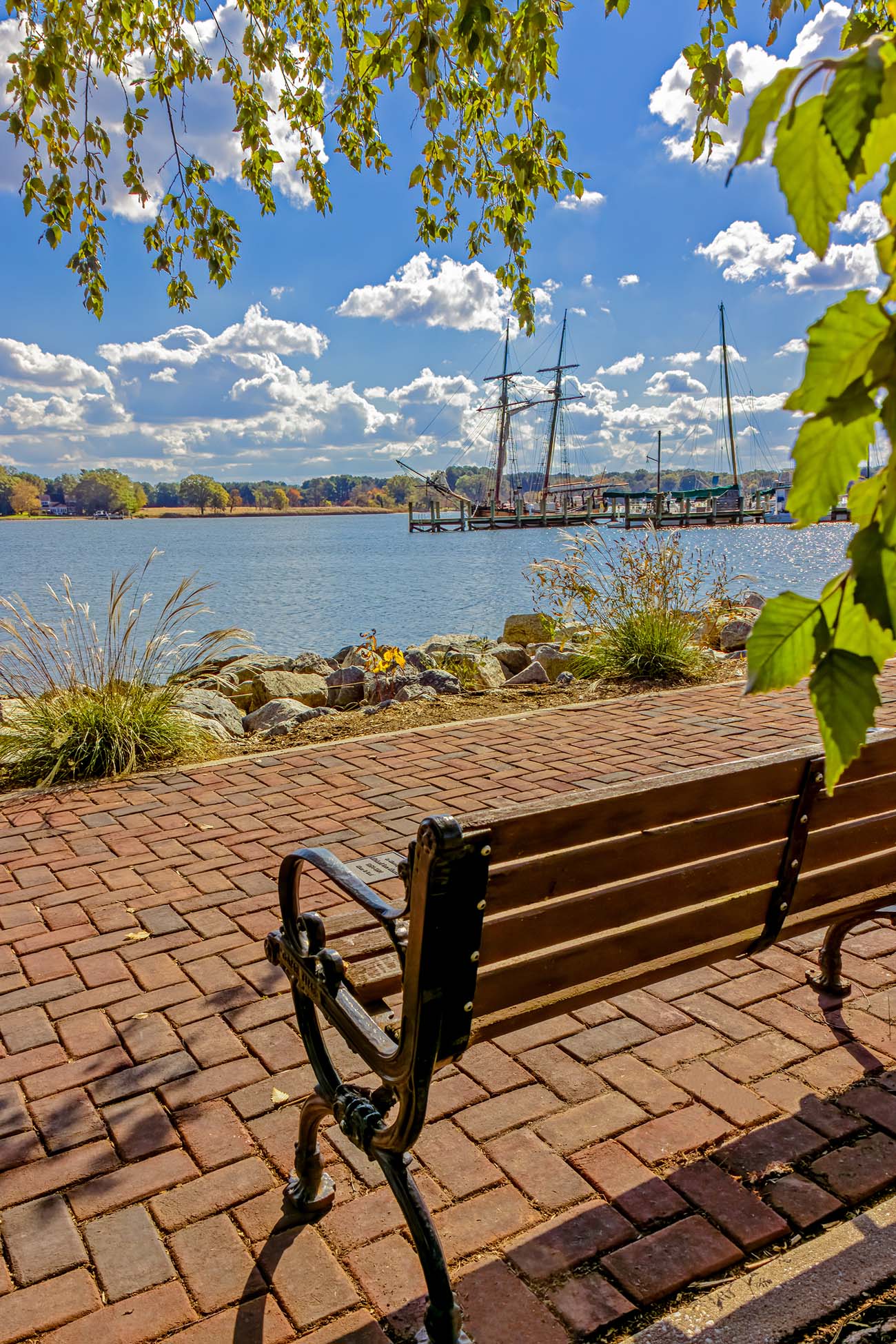 Food, Wine, and Fall Fun at Brampton 1860 - Chestertown, MD 2 Chester River waterfront view with tall ship and sailboats docked at marina, brick walkway with park bench in foreground, green leaves framing top of image, fall foliage visible across river, blue sky with puffy clouds