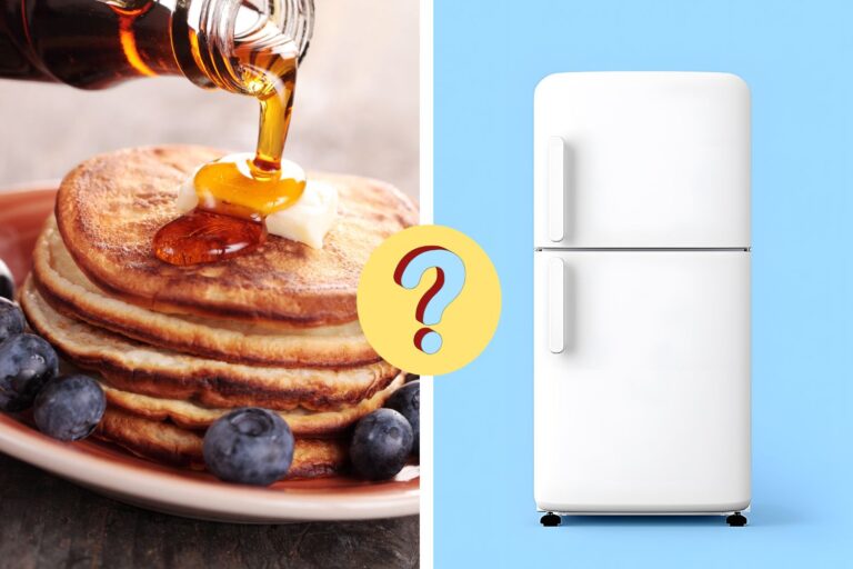 maple syrup poured on pancakes next to a refrigerator