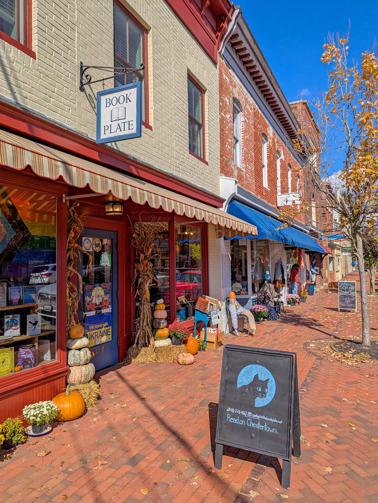 Food, Wine, and Fall Fun at Brampton 1860 - Chestertown, MD 1 Book Plate bookstore with red awning and storefront window, scarecrow decorations, pumpkins stacked by entrance, blue Cat Colloquium sandwich board sign, brick sidewalk with other shops visible including blue awning