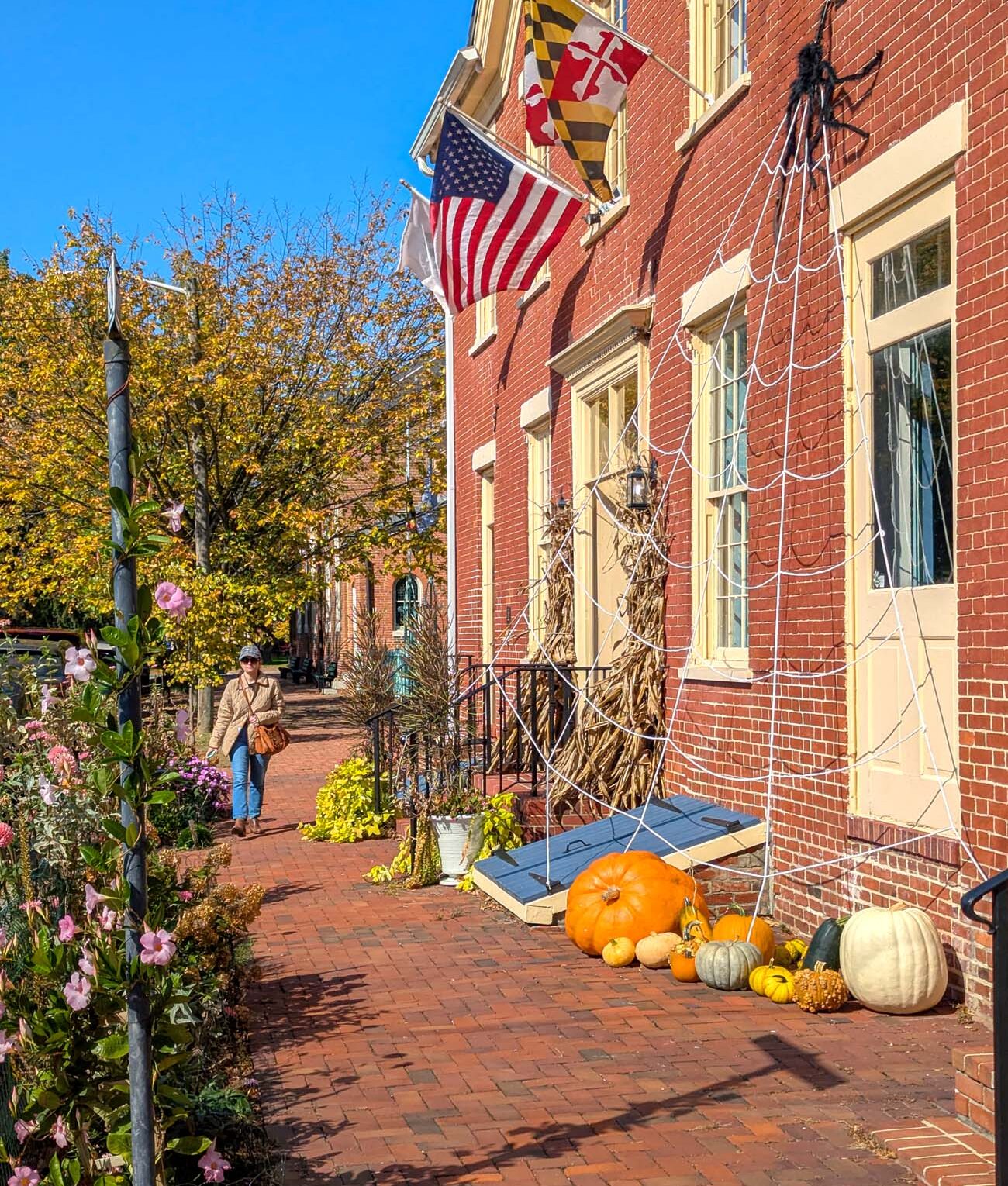 Food, Wine, and Fall Fun at Brampton 1860 - Chestertown, MD 42 Historic brick sidewalk in downtown Chestertown with red brick buildings displaying Maryland and American flags, corn stalks and spider web decorations, pumpkins and gourds on stoops, person walking, fall trees visible