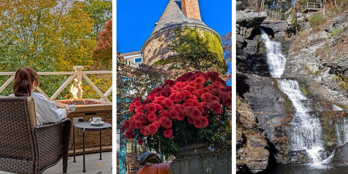 Three panel collage showing fall activities in Milford Pennsylvania including woman on firepit balcony at Hotel Fauchere, colorful autumn downtown street with historic buildings, and Raymondskill Falls waterfall cascades in Pocono Mountains"