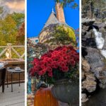 Three panel collage showing fall activities in Milford Pennsylvania including woman on firepit balcony at Hotel Fauchere, colorful autumn downtown street with historic buildings, and Raymondskill Falls waterfall cascades in Pocono Mountains"
