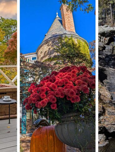 Three panel collage showing fall activities in Milford Pennsylvania including woman on firepit balcony at Hotel Fauchere, colorful autumn downtown street with historic buildings, and Raymondskill Falls waterfall cascades in Pocono Mountains"