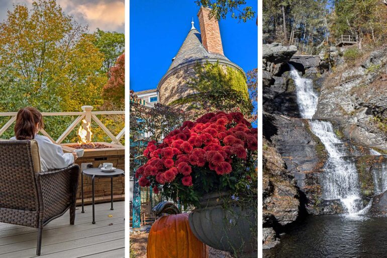 Three panel collage showing fall activities in Milford Pennsylvania including woman on firepit balcony at Hotel Fauchere, colorful autumn downtown street with historic buildings, and Raymondskill Falls waterfall cascades in Pocono Mountains"