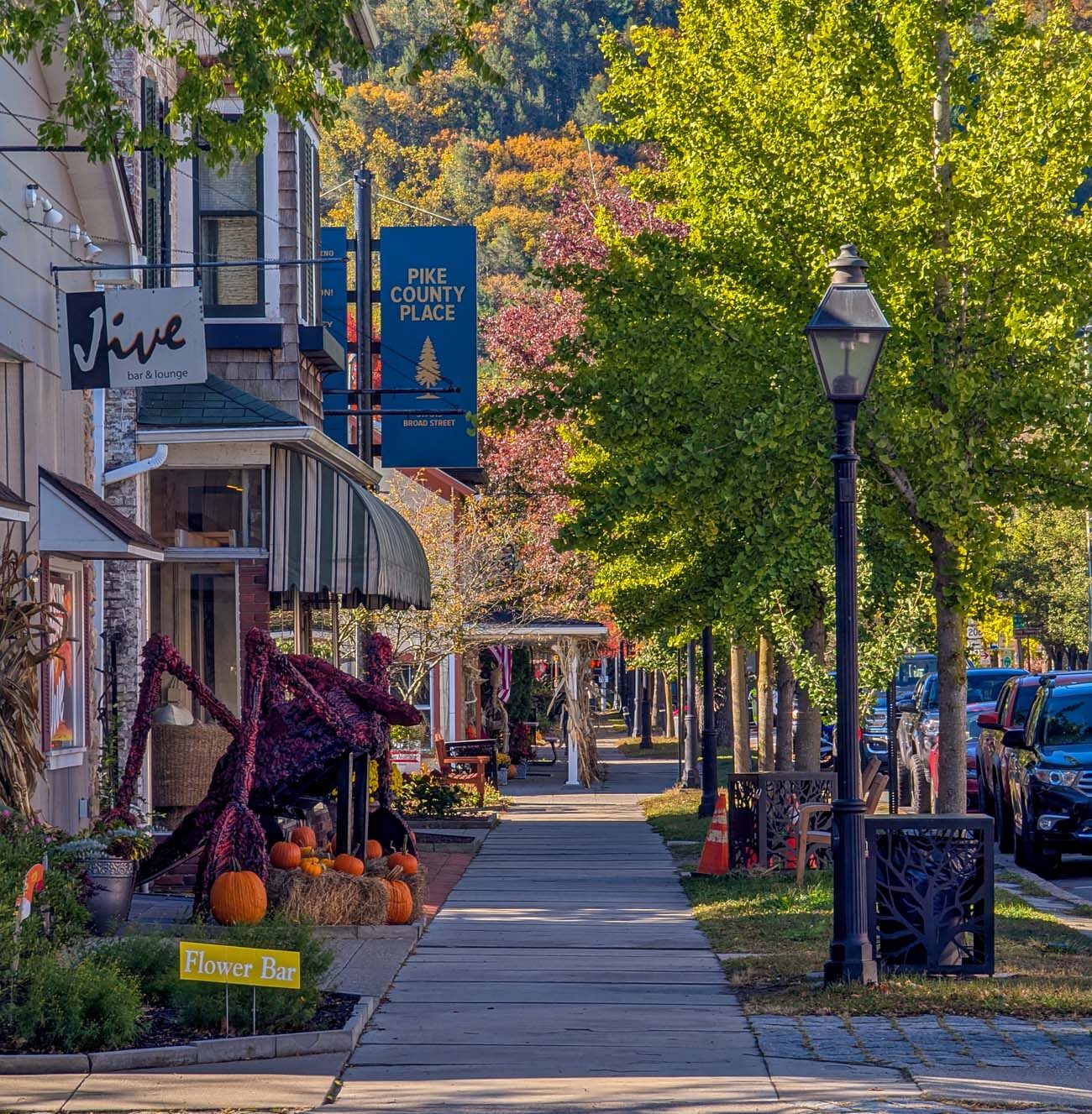 Charming historic downtown Milford Pennsylvania Broad Street in autumn showing boutique shops, orange pumpkins, burgundy mums in planters, tree-lined brick sidewalk, Pike County Place sign, and fall decorations in Gateway to the Poconos