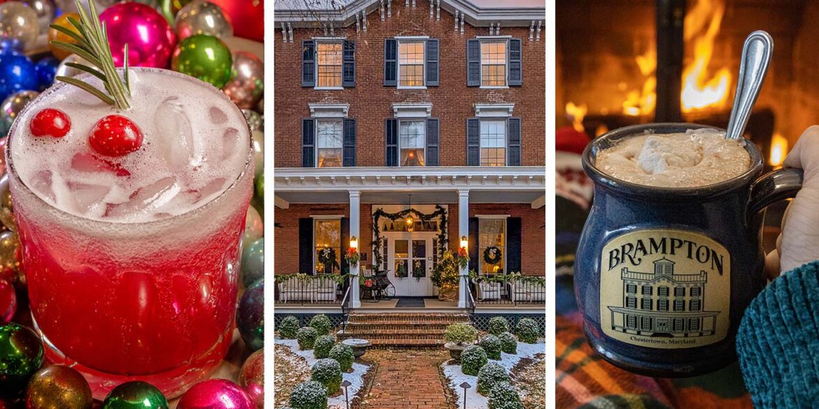 Three-panel winter feature showing festive Poinsettia cocktail with cranberries and rosemary garnish surrounded by colorful ornaments, snow-dusted Brampton Manor House exterior with holiday wreaths and lit windows at dusk, Brampton-branded blue ceramic mug filled with hot cocoa topped with marshmallow by fireplace