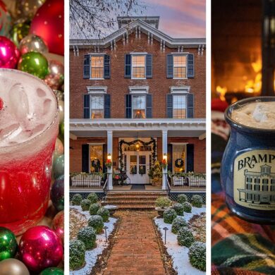 Three-panel winter feature showing festive Poinsettia cocktail with cranberries and rosemary garnish surrounded by colorful ornaments, snow-dusted Brampton Manor House exterior with holiday wreaths and lit windows at dusk, Brampton-branded blue ceramic mug filled with hot cocoa topped with marshmallow by fireplace