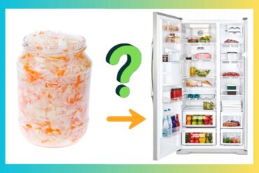 a jar of sauerkraut next to a open refrigerator