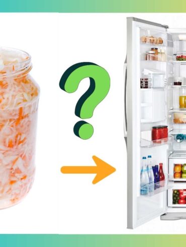 a jar of sauerkraut next to a open refrigerator