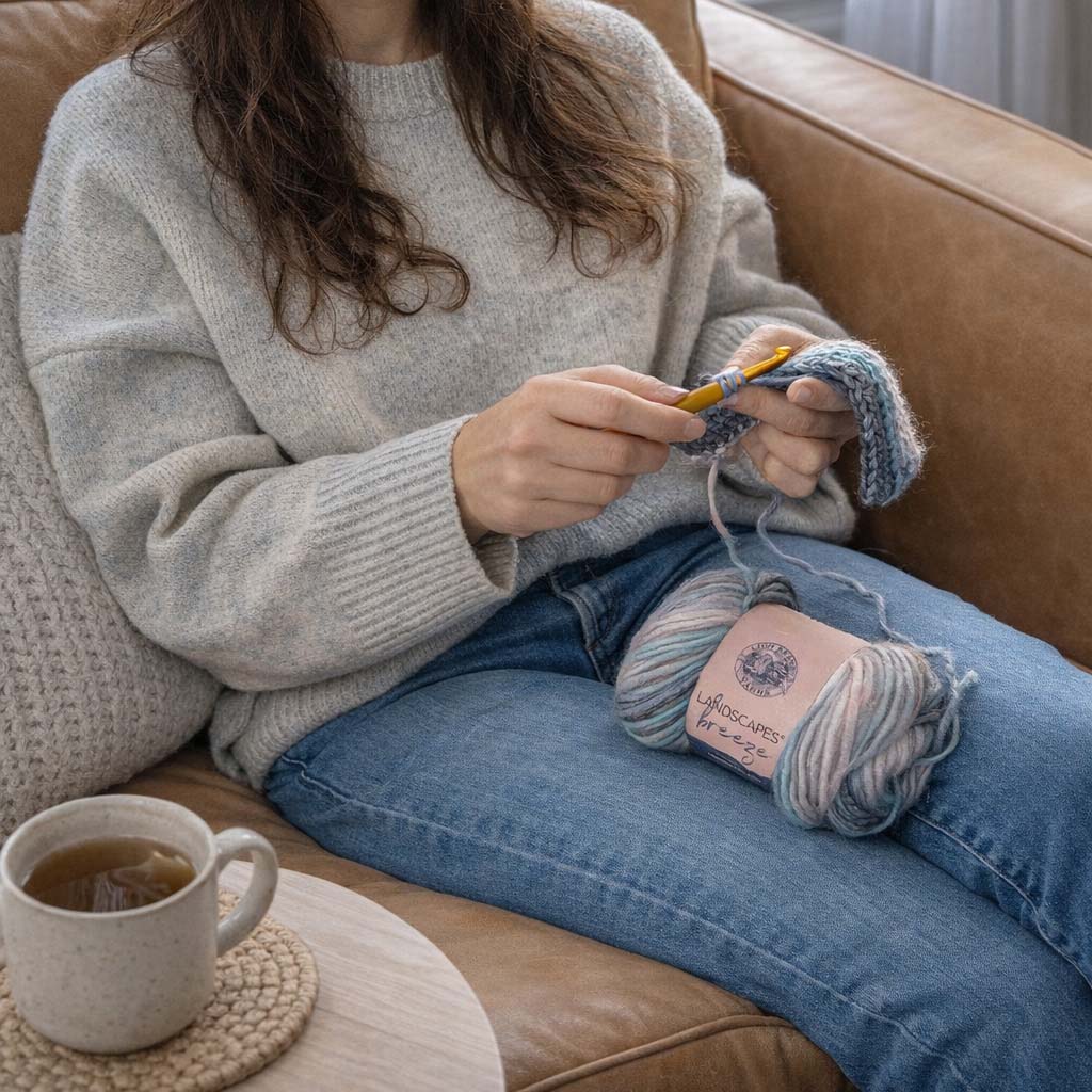 Woman in gray sweater sitting on tan leather couch crocheting with gold hook and Lion Brand Landscapes Breeze yarn, white mug of tea on wooden coffee table with woven coaster, cozy relaxation scene