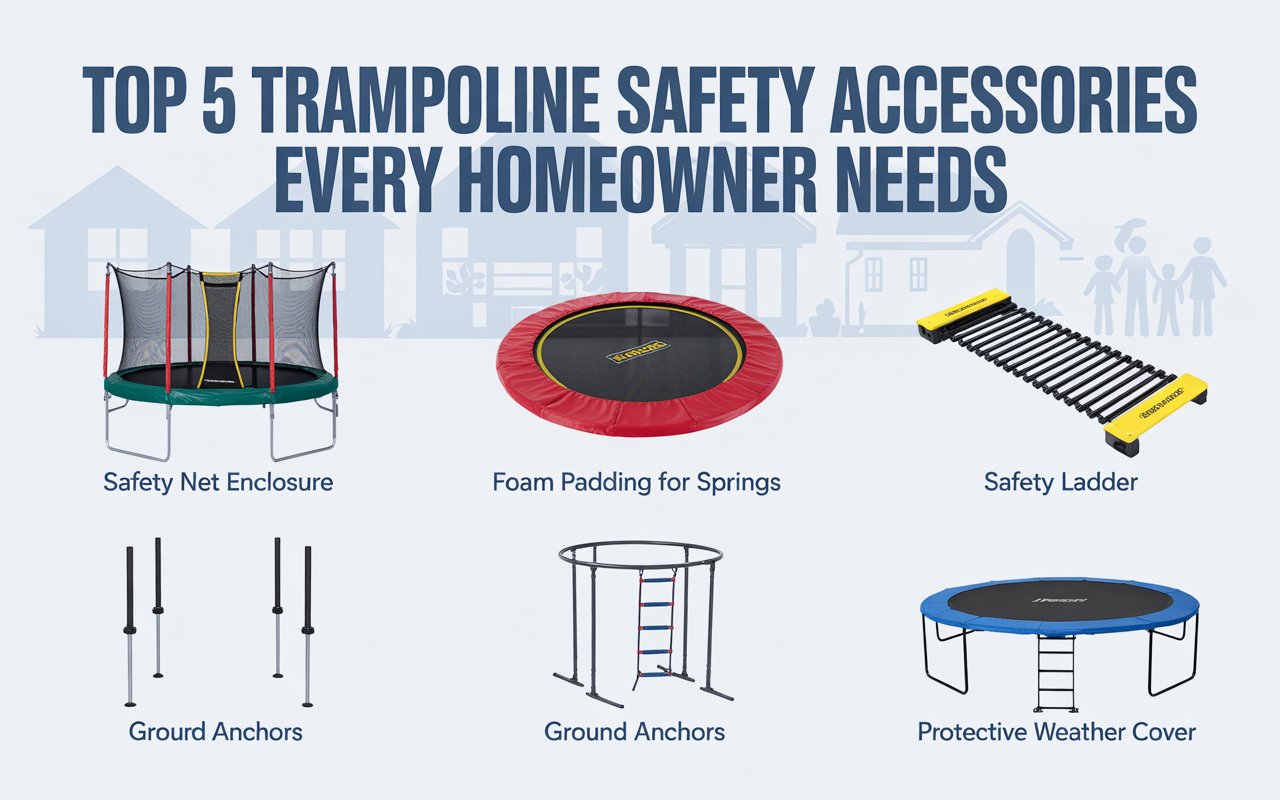 an info graphic of the Trampoline Safety Accessories Every Homeowner Needs in this post