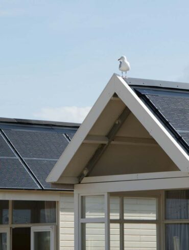 vacation homes rooftops with solar panels against a clear noon sky. a seagull is perched on top of the home.