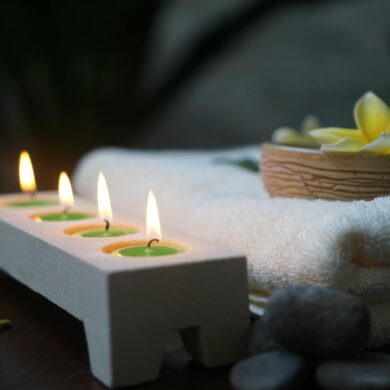 a serene display of candles in a home spa