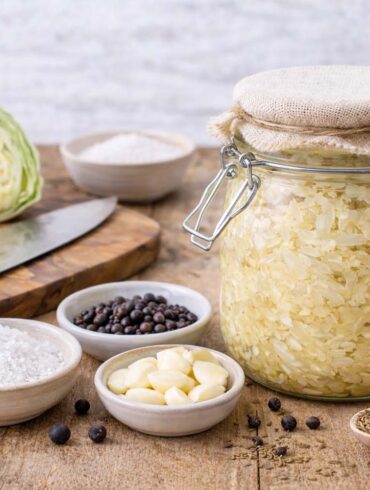 Glass fermentation jar filled with homemade sauerkraut showing golden fermented cabbage submerged in cloudy brine, surrounded by fresh green cabbage, sea salt in white bowl, juniper berries, caraway seeds in wooden spoon, peeled garlic cloves, and peppercorns on rustic wooden cutting board with burlap cloth and ceramic crocks in background
