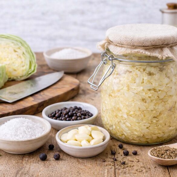 Glass fermentation jar filled with homemade sauerkraut showing golden fermented cabbage submerged in cloudy brine, surrounded by fresh green cabbage, sea salt in white bowl, juniper berries, caraway seeds in wooden spoon, peeled garlic cloves, and peppercorns on rustic wooden cutting board with burlap cloth and ceramic crocks in background