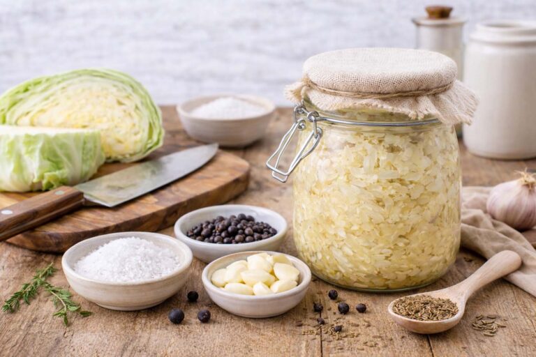 Glass fermentation jar filled with homemade sauerkraut showing golden fermented cabbage submerged in cloudy brine, surrounded by fresh green cabbage, sea salt in white bowl, juniper berries, caraway seeds in wooden spoon, peeled garlic cloves, and peppercorns on rustic wooden cutting board with burlap cloth and ceramic crocks in background