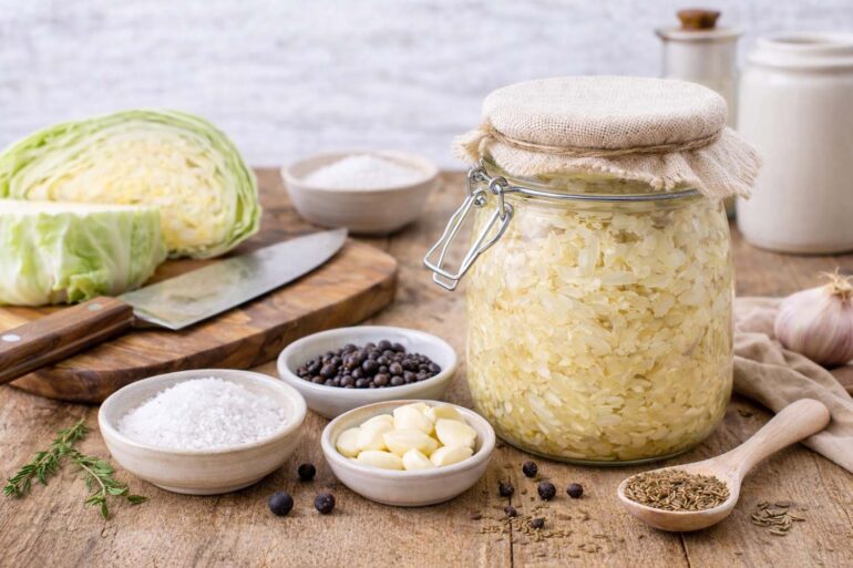 Glass fermentation jar filled with homemade sauerkraut showing golden fermented cabbage submerged in cloudy brine, surrounded by fresh green cabbage, sea salt in white bowl, juniper berries, caraway seeds in wooden spoon, peeled garlic cloves, and peppercorns on rustic wooden cutting board with burlap cloth and ceramic crocks in background