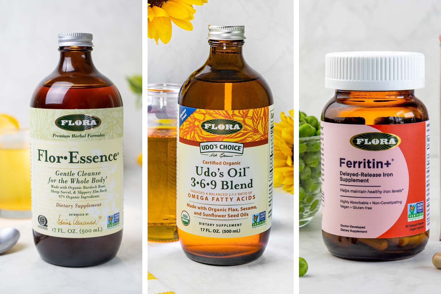 Flora Health essential products on Better Living: Flor-Essence herbal detox tea for gentle cleansing, Udo's Choice Oil 3-6-9 organic omega blend for daily nutrition, and Ferritin+ delayed-release plant-based iron supplement for energy without constipation