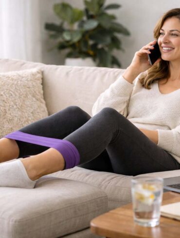 Woman sitting on beige couch wearing black leggings with purple resistance band around thighs, talking on phone with laptop open, glass of water nearby, demonstrating how to burn calories while sitting at home