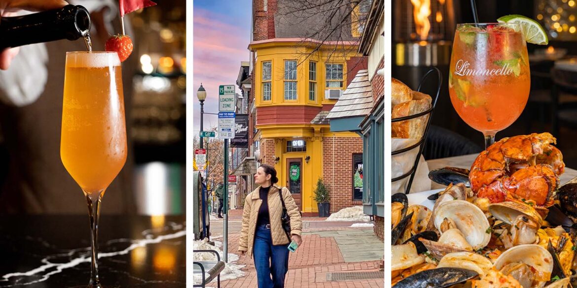 A three-panel photo collage of West Chester, PA in winter: on the left, a bartender pours prosecco into a tall cocktail glass garnished with a strawberry and red flag at a marble bar; in the center, a woman walks along a brick sidewalk past a yellow Victorian building at dusk; on the right, a heaping bowl of Pescatore Fra Diavolo with lobster, mussels, and clams beside a Limoncello-branded cocktail glass with a flame heater glowing in the background.