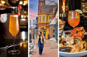 A three-panel photo collage of West Chester, PA in winter: on the left, a bartender pours prosecco into a tall cocktail glass garnished with a strawberry and red flag at a marble bar; in the center, a woman walks along a brick sidewalk past a yellow Victorian building at dusk; on the right, a heaping bowl of Pescatore Fra Diavolo with lobster, mussels, and clams beside a Limoncello-branded cocktail glass with a flame heater glowing in the background.