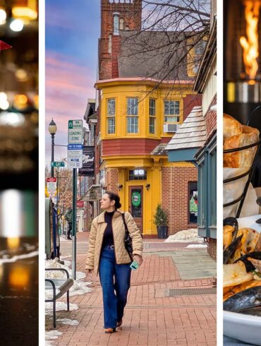 A three-panel photo collage of West Chester, PA in winter: on the left, a bartender pours prosecco into a tall cocktail glass garnished with a strawberry and red flag at a marble bar; in the center, a woman walks along a brick sidewalk past a yellow Victorian building at dusk; on the right, a heaping bowl of Pescatore Fra Diavolo with lobster, mussels, and clams beside a Limoncello-branded cocktail glass with a flame heater glowing in the background.