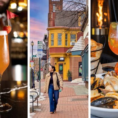 A three-panel photo collage of West Chester, PA in winter: on the left, a bartender pours prosecco into a tall cocktail glass garnished with a strawberry and red flag at a marble bar; in the center, a woman walks along a brick sidewalk past a yellow Victorian building at dusk; on the right, a heaping bowl of Pescatore Fra Diavolo with lobster, mussels, and clams beside a Limoncello-branded cocktail glass with a flame heater glowing in the background.