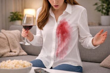 A woman on her couch with red wine spilled on a white button down shirt, annoyed and surprised.