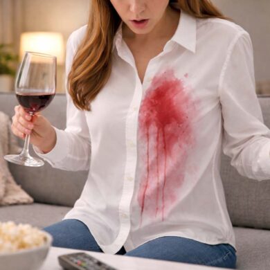 A woman on her couch with red wine spilled on a white button down shirt, annoyed and surprised.