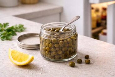 Open jar of capers in brine, lid beside it, a small spoon resting across the jar mouth. Refrigerator door slightly ajar in the right background, soft cold light spilling out. A lemon wedge and a few scattered capers in the foreground.