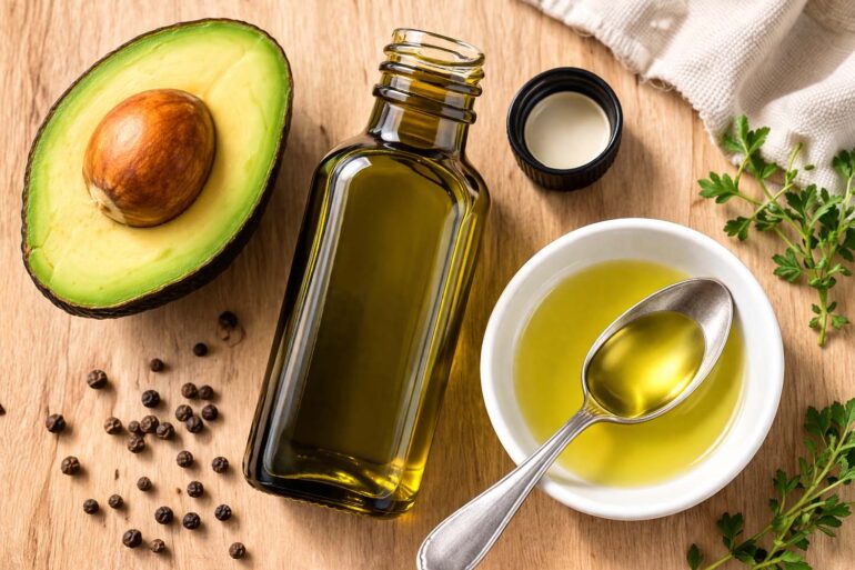 an open dark glass bottle of avocado oil, cap resting beside it, with a small white ceramic dish holding a spoonful of pale golden oil. Left side: one halved fresh avocado cut-side up showing the pit cavity and green flesh. a few whole black peppercorns and a small sprig of fresh herbs