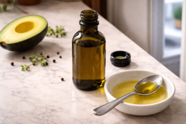 an open bottle of avocado oil, cap beside it, and a small white ceramic dish with pale golden oil. Right side a white refrigerator door slightly ajar, Left foreground: one halved fresh avocado