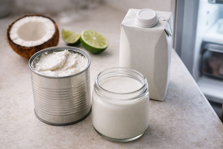 An open can of coconut milk with thick cream visible, a sealed carton of coconut milk beside it, a small glass container of poured coconut milk in front. Lime halves and a split fresh coconut in the background. Refrigerator door slightly ajar